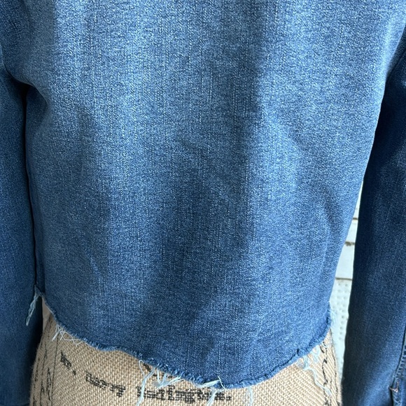 tgla puff long sleeve blue denim jacket shirt cropped raw hem stretch - Picture 13 of 16